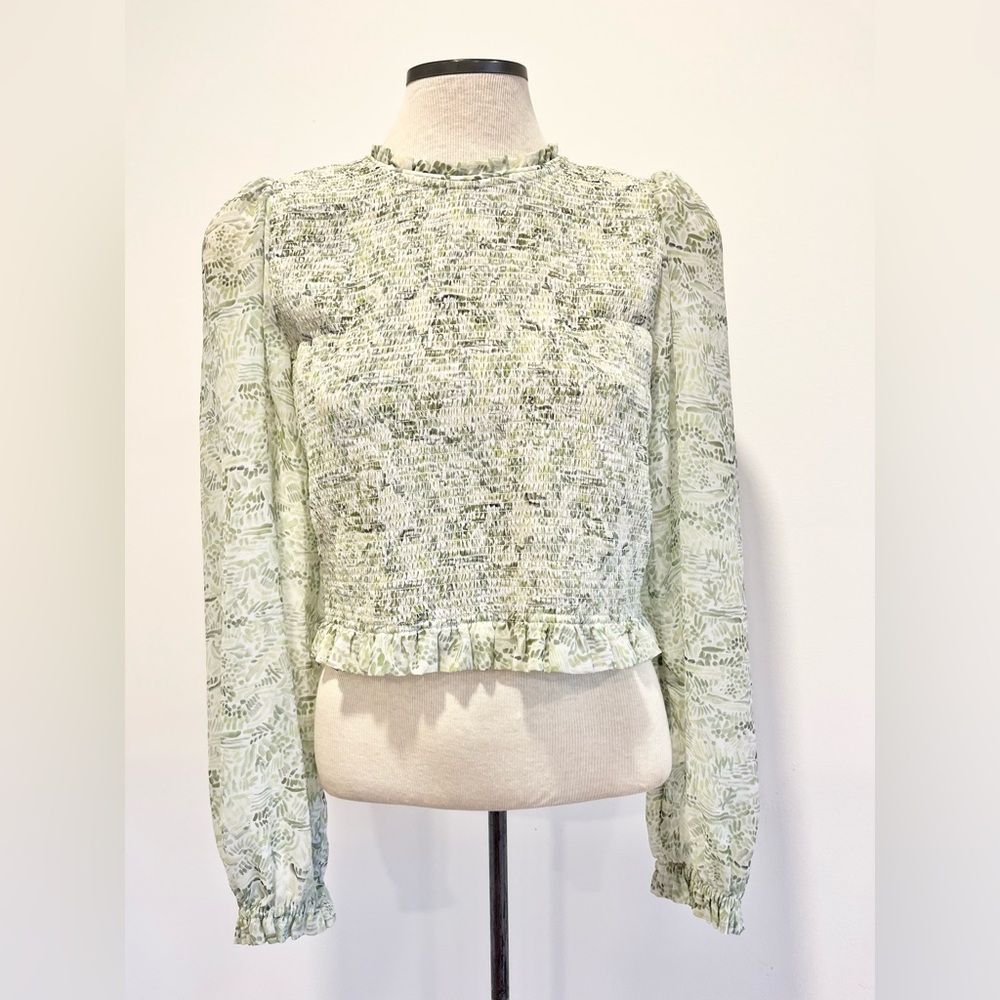 Aritzia Wilfred Tempest Blouse Smocked Bodice Sheer Sleeves Green Botanical L - Picture 6 of 11